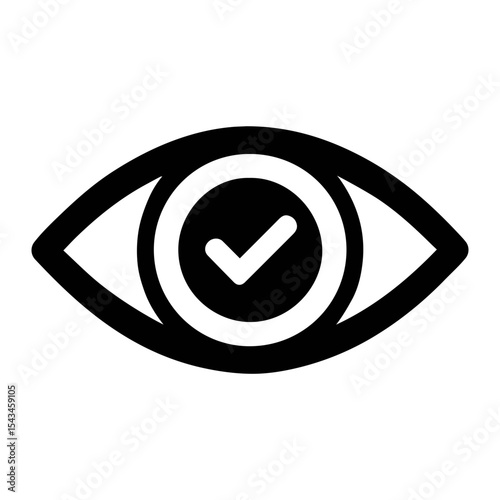 Eye icon with check mark inside the pupil signifying vision verification or confirmation symbol on transparent background