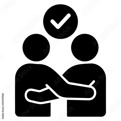 Two figures embracing with a check mark above them symbolizing agreement or successful collaboration on transparent background