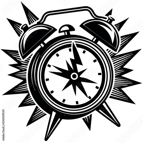 Vintage alarm clock compass design isolated on white background