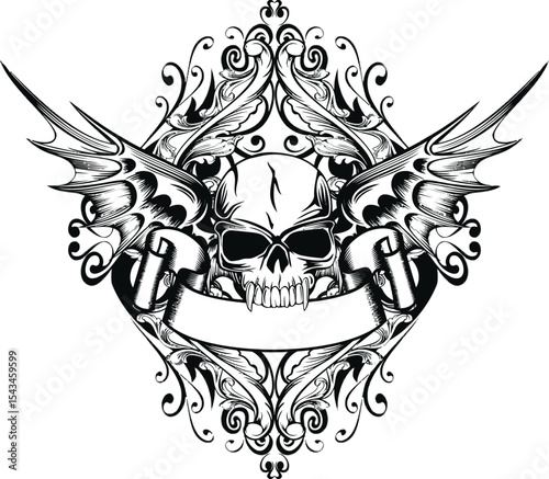 Mystical Skull Tattoo Emblem: A captivating emblem featuring a skull with intricate ornate detailing. This monochrome art piece exudes a sense of mystery, darkness, and artistic mastery.