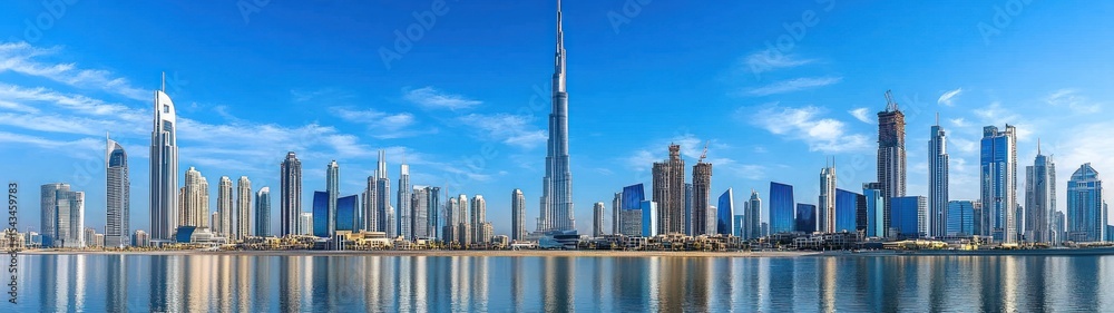 Fototapeta premium Panoramic view of Dubai skyline at midday.