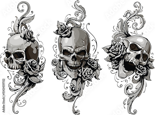 Skulls Tattoo Embellished with Florals: Intricate artistic image of detailed skulls, adorned with elegant floral designs, showcasing a blend of life and death