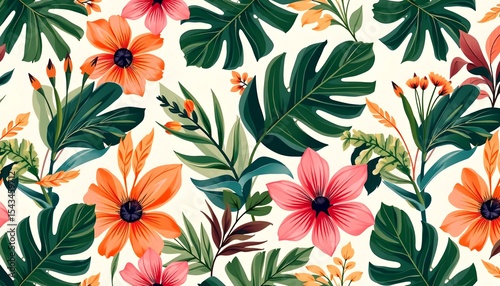 a colorful and vibrant tropical floral pattern with red flowers and green foliage