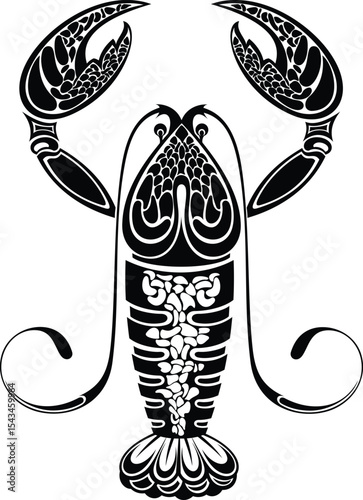 Lobster Tattoo: A captivating display of an ornate lobster in monochrome, its form intricately detailed, its essence preserved in artistic silhouette.