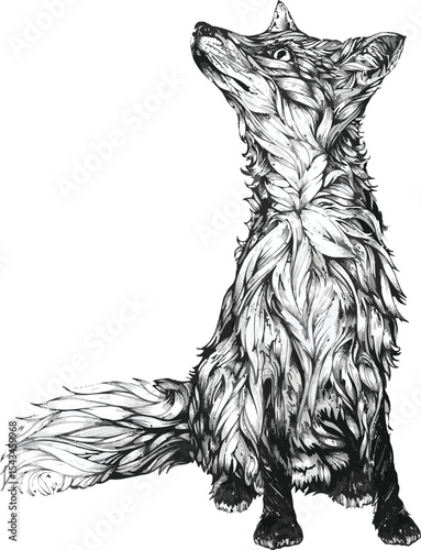 Fox's Tattoo: A meticulously illustrated fox, its gaze directed upwards with an air of curiosity and intelligence, showcases the detail and artistry of a monochrome illustration.