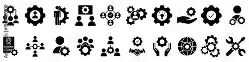 Workshop icon vector set. Developer illustration sign collection. Engineering symbol. Teamwork web icons. Containing repair, service center, team building, coaching, meeting and more.