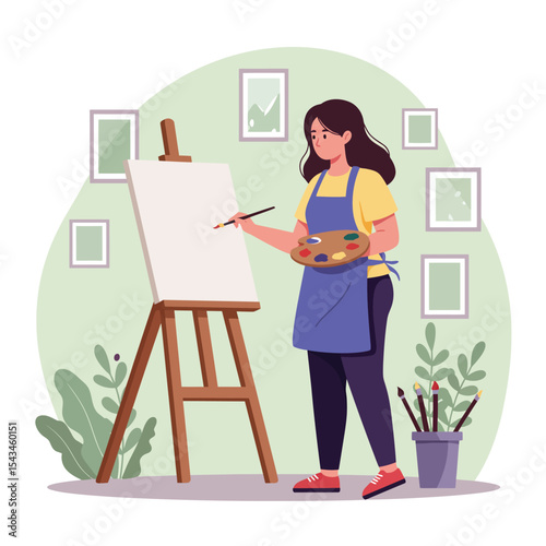 Young Woman Artist Painting on Canvas with Easel. 3