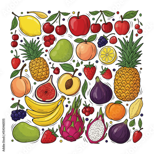 A vibrant vector illustration of a healthy fruit and berry collection, including apples, strawberries, oranges, lemons, pineapples, cherries, bananas, pears, kiwis, grapes, watermelons, and peaches