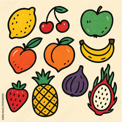 Hand drawn colorful fruits and berries. Abstract funny doodle style. Natural tropical fruits. Lemon, cherry, apple, peach, banana, strawberry, pineapple, fig, dragon fruit. Vector illustration.