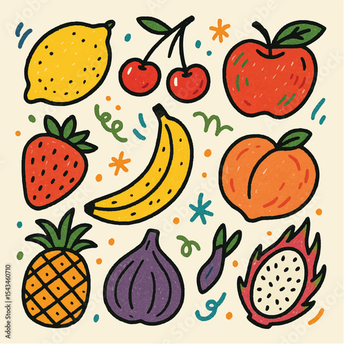 Hand drawn colorful fruits and berries. Abstract funny doodle style. Natural tropical fruits. Lemon, cherry, apple, peach, banana, strawberry, pineapple, fig, dragon fruit. Vector illustration.