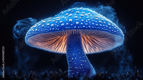 A luminous, blue mushroom with water droplets, bathed in ethereal light, enveloped by smoke in a dark background