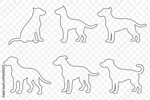 dog silhouette, vector, isolated black silhouette of a dog, collection in stroke on Transparent Background. EPS 10.