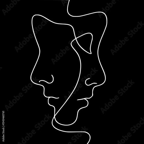Abstract continuous line drawing of two intertwined human faces
