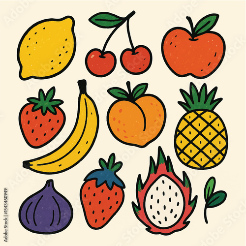 Hand drawn colorful fruits and berries. Abstract funny doodle style. Natural tropical fruits. Lemon, cherry, apple, peach, banana, strawberry, pineapple, fig, dragon fruit. Vector illustration.