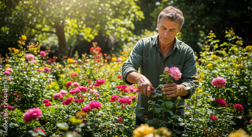 Man Pruning Pink Roses in Garden