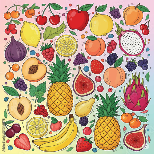 Hand drawn colorful fruits and berries. Abstract funny doodle style. Natural tropical fruits. Lemon, cherry, apple, peach, banana, strawberry, pineapple, fig, dragon fruit. Vector illustration.