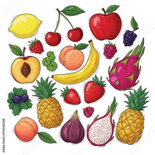 Hand drawn colorful fruits and berries. Abstract funny doodle style. Natural tropical fruits. Lemon, cherry, apple, peach, banana, strawberry, pineapple, fig, dragon fruit. Vector illustration.