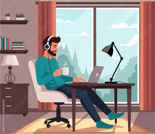 Man Working Remotely with Headphones