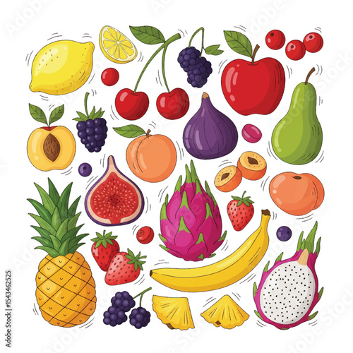 A vibrant vector collection of fresh fruit and berries, including apples, oranges, strawberries, cherries, lemons, pears, bananas, pineapples, grapes, watermelons, plums, and kiwis