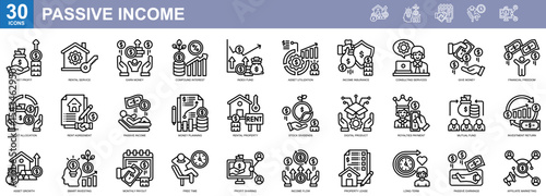"Passive Income" Collection of 30 icons related to Net Profit,Rental Service,Earn Money,Compound Interest,Index Fund. Vector illustration, Simple line Style