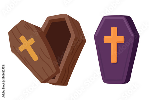 Two cartoon coffins with crosses. Flat spooky vector illustration on white background for Halloween.