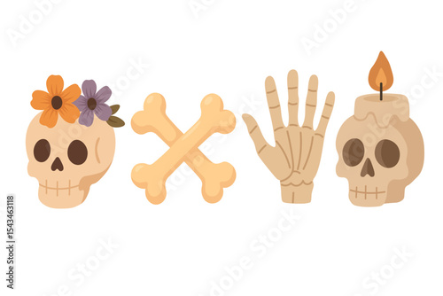 Cartoon skull, bones and skeleton hand. Flat vector illustration on white background for Halloween.