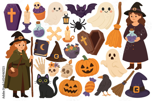 Big cartoon Halloween set with witch, ghosts, pumpkins and spooky items. Flat vector illustration.