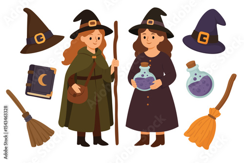 Cartoon witches with hats, brooms, potions and magic book. Flat vector Halloween illustration.