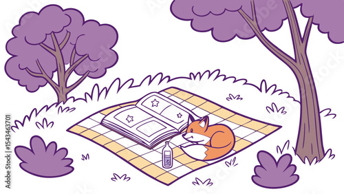 Illustration of a fox sleeping next to an open book and a bottle on a picnic blanket under trees outdoors