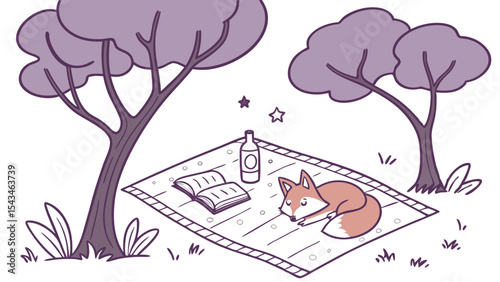 Illustration of a fox sleeping on a picnic blanket with a book and bottle under trees with stars above it