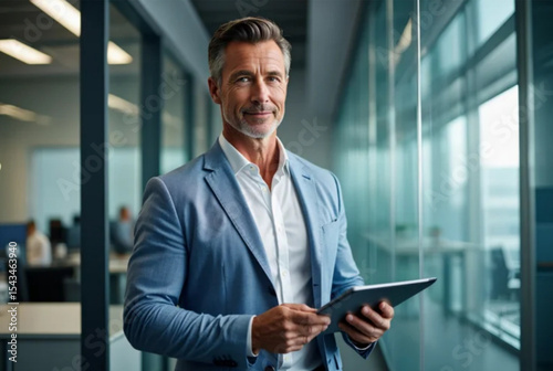 Businessman with Tablet in Modern Office – Confident Professional Using Technology in Stylish Corporate Environment 