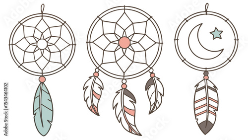 Three dreamcatchers with different designs including a moon and star and geometric patterns hanging down
