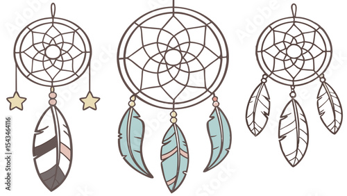 Illustration of three dreamcatchers with feathers and beads hanging from circular web designs artfully drawn