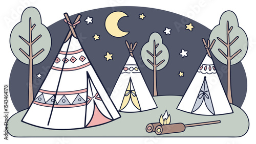 Illustration of teepees under a night sky with a crescent moon and stars with trees and a campfire