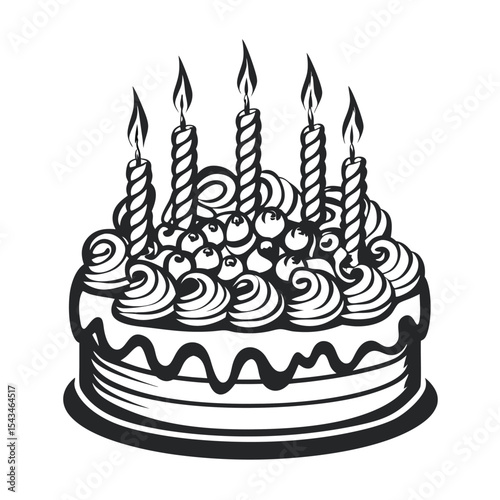 Stylized Birthday Cake Illustration with Candles: Black and White Vector Graphic for Celebrations and Design Projects, Simple Elegance for Various Applications.
