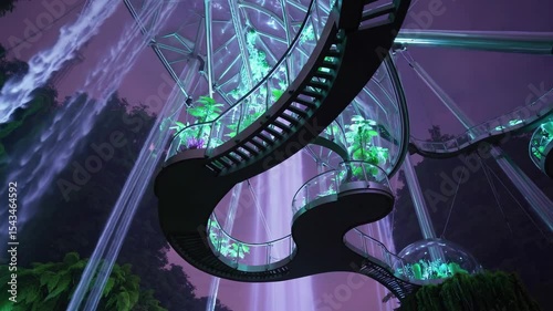 Futuristic jungle oasis with luminescent flora and misty atmosphere