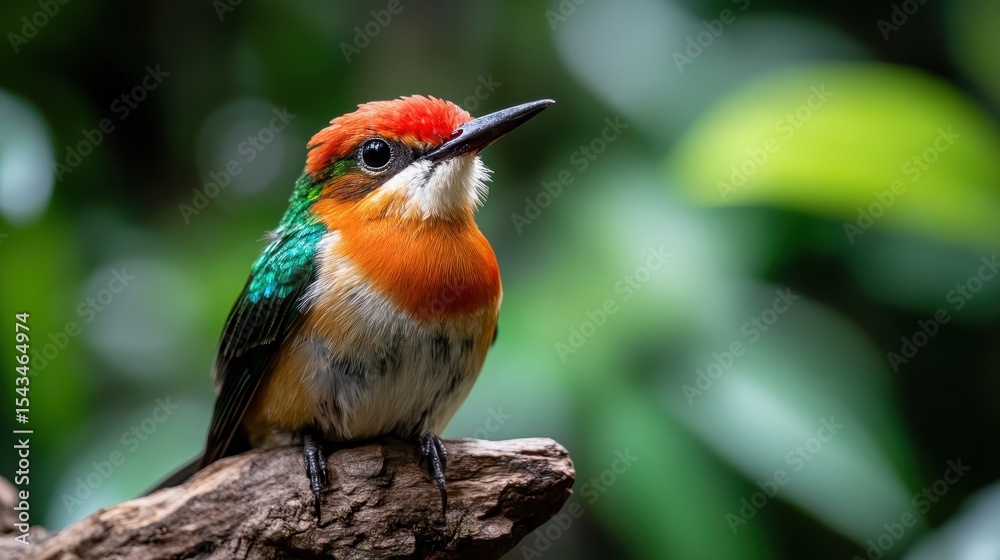 Fototapeta premium A colorful kingfisher poses on a branch amidst lush greenery, showcasing its striking plumage and vibrant colors in a beautifully blurred natural background.