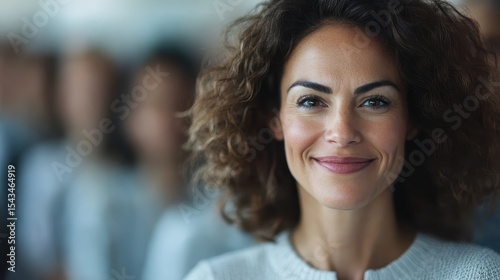 Wallpaper Mural A confident woman smiling in a professional setting, surrounded by blurred figures, embodying success, positivity, and modernity in a business or corporate environment. Torontodigital.ca