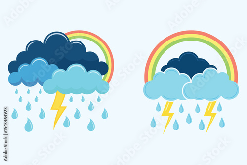 Set of clouds vector design. Rainy clouds with rain droplets, rainbow and lightning. Digital vector art of realistic 3D types rainy cloud design.