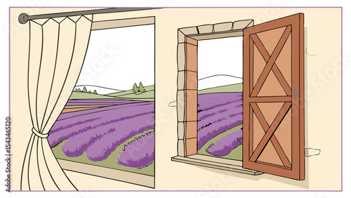 Illustration showing two windows with views of a lavender field and open shutters in a countryside setting
