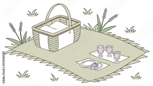 A picnic scene featuring a basket on a blanket with plates, glasses, and grass in the background outdoors