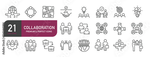 Set of line icons related to collaboration, teamwork, partnership, leadership. Outline icons collection. Editable stroke. Vector illustration