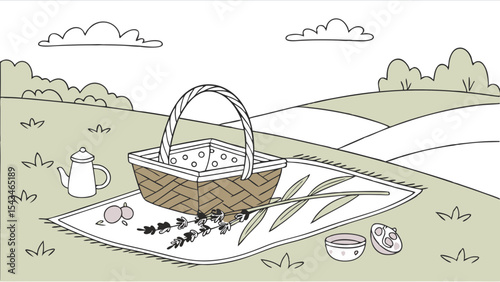 A picnic scene with a basket, teapot, lavender, and snacks on a blanket in a field with clouds and hills