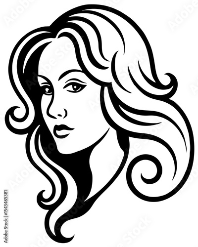 Fashionable illustration of a woman with long, curly black hair, showcasing her beautiful face and glamorous style
