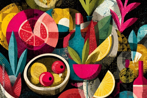 Abstract Spanish food collage cutout style bold patterns and vibrant dishes editorial graphic composition for magazine spreads