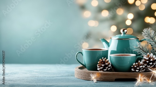 Wallpaper Mural A charming turquoise teapot and matching cups sit on a wooden tray, accompanied by pine cones and green foliage, evoking a warm, cozy, and festive atmosphere. Torontodigital.ca