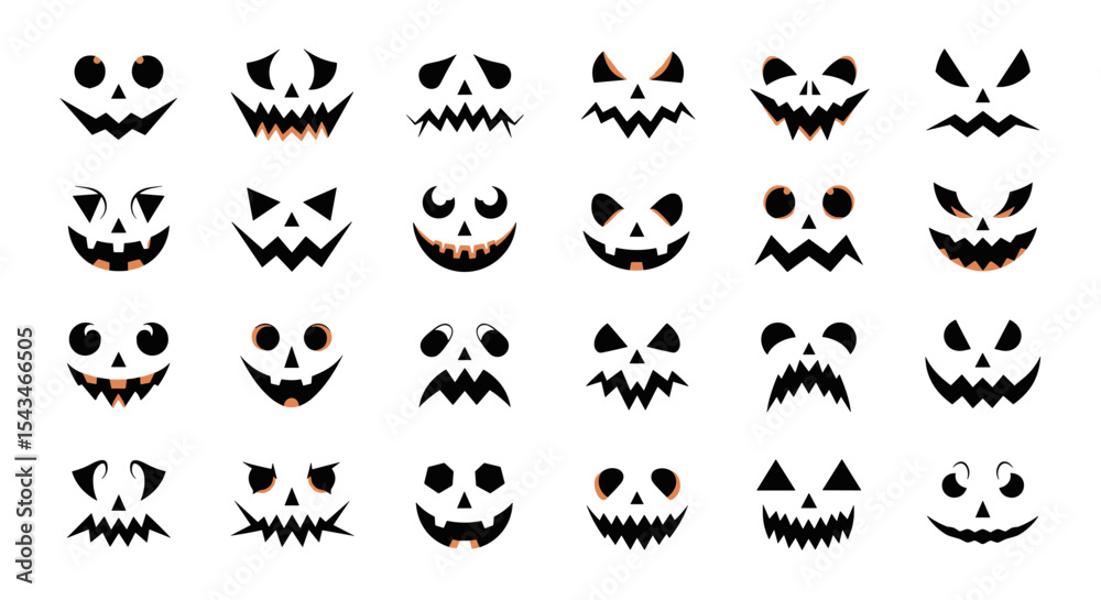 Fototapeta premium Collection of Spooky Jack-O'-Lantern Faces with Various Expressions and Bright Colors