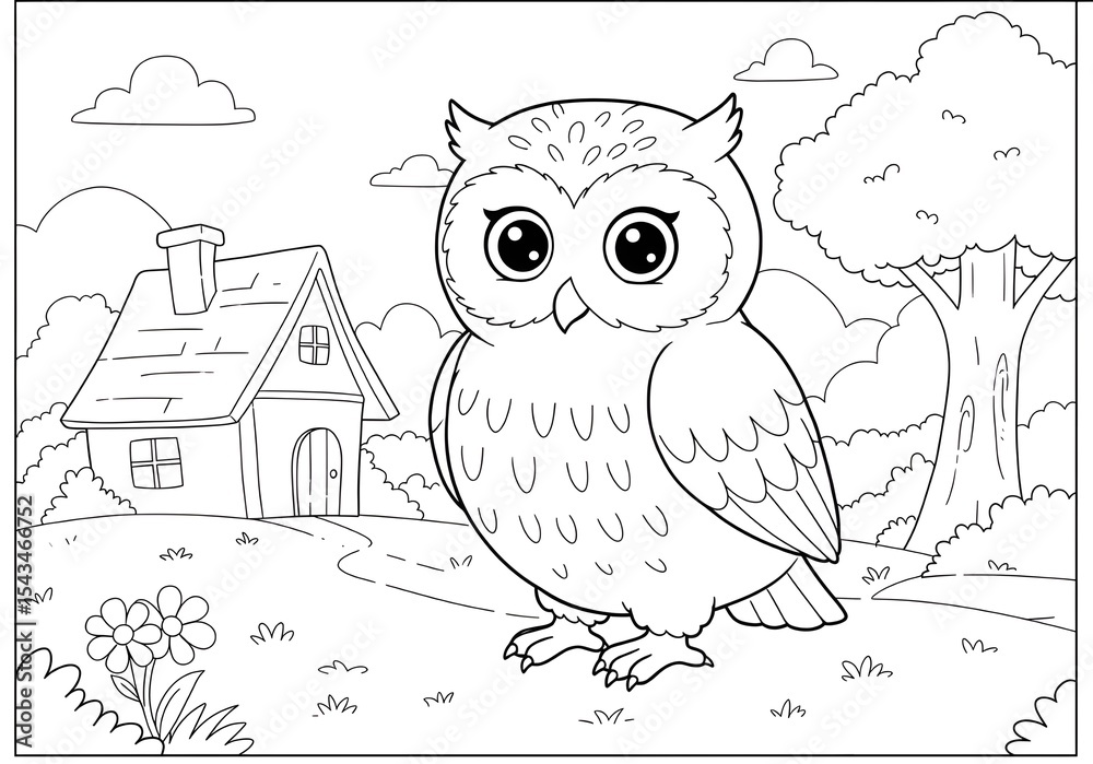 Fototapeta premium Coloring pages. cartoon owl with village theme coloring page. easy coloring page for kids. ready to print on standard A4 or 8.5x11 inch paper.
