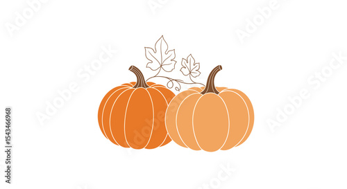 Two Pumpkins with Leaves Illustration in Orange and Light Orange Hues Isolated on White Background for Fall or Harvest Themes