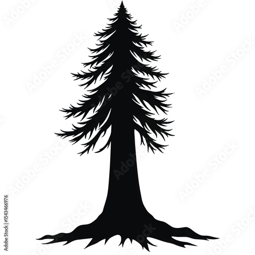 Black Silhouette Redwood Tree Vector with Massive Trunk and Towering Canopy in Flat Forest Style on White Background Full HD